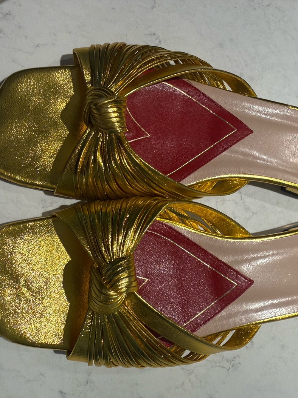 Gucci Gold Knotted Multi-Strap Slide Sandals with Red Insole